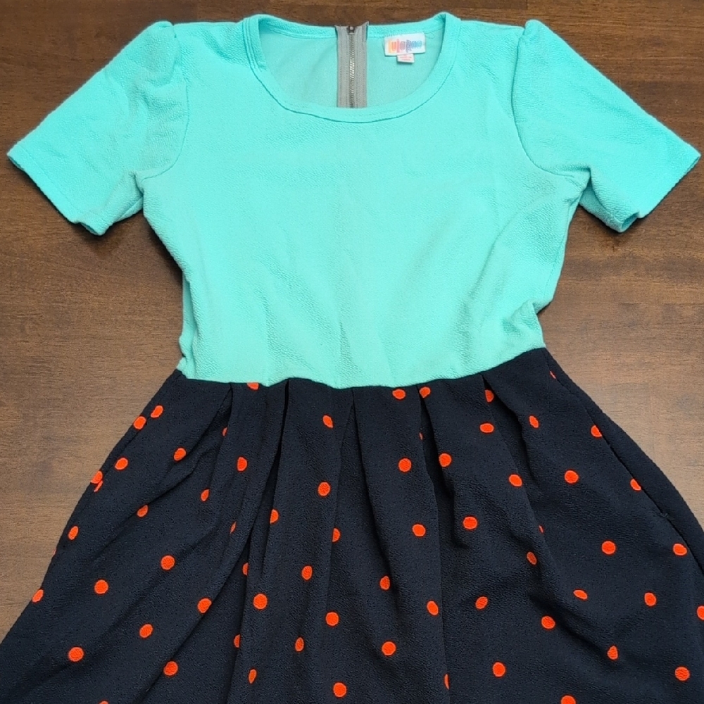 LuLaRoe Amelia Mint Top Navy Polka Dot Skirt Dress with Orange Dots